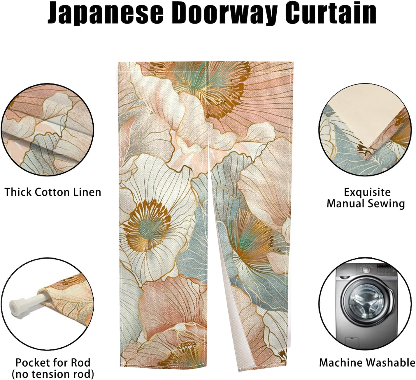 Boho Style Japanese Noren Panel Door Curtain with Flowers Pattern