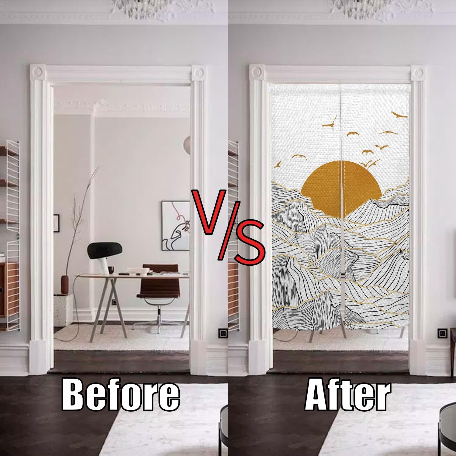 Traditional Japanese Noren Door Curtain with Sunset Mountain Print