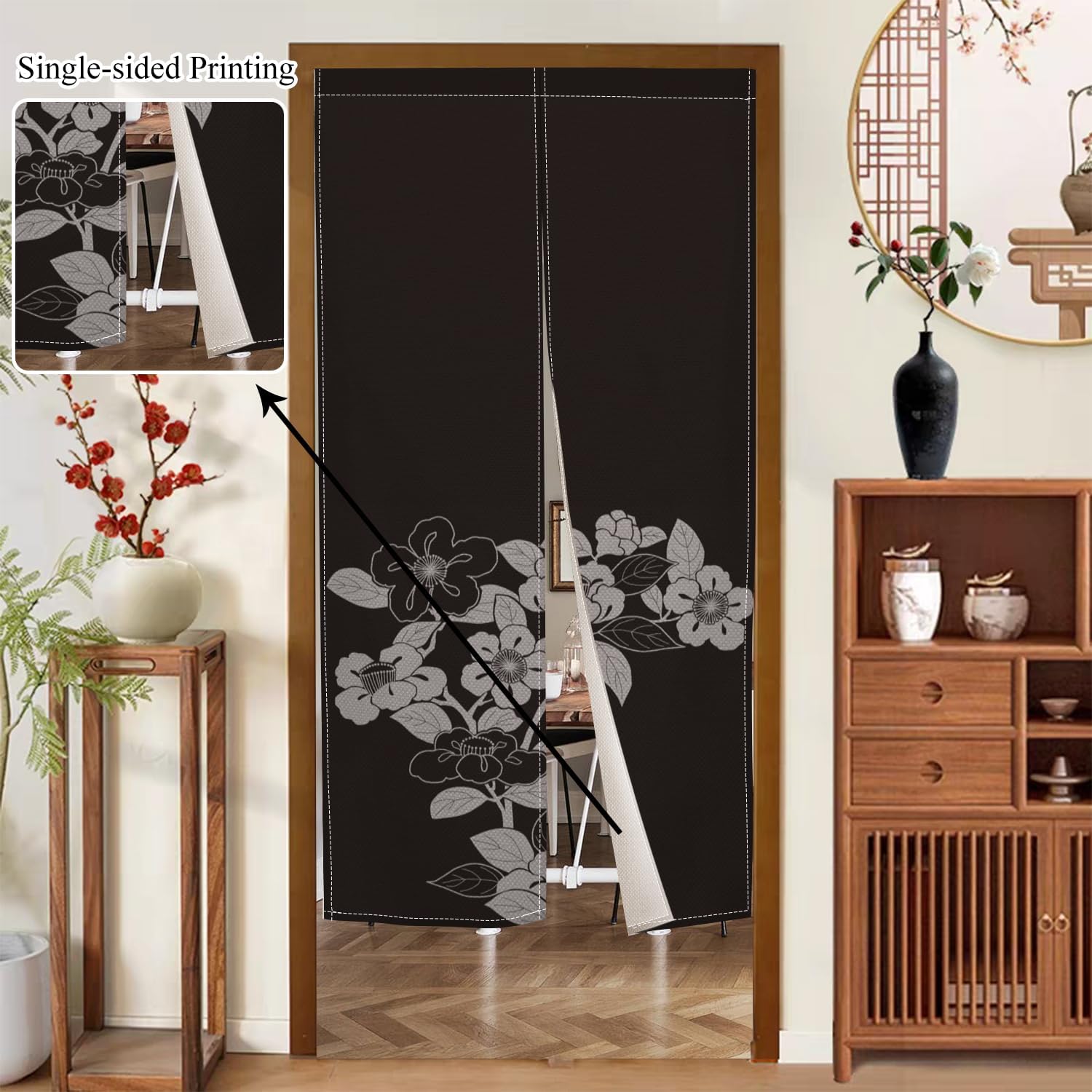 Black Noren Door Curtain with Blooming Flowers Pattern