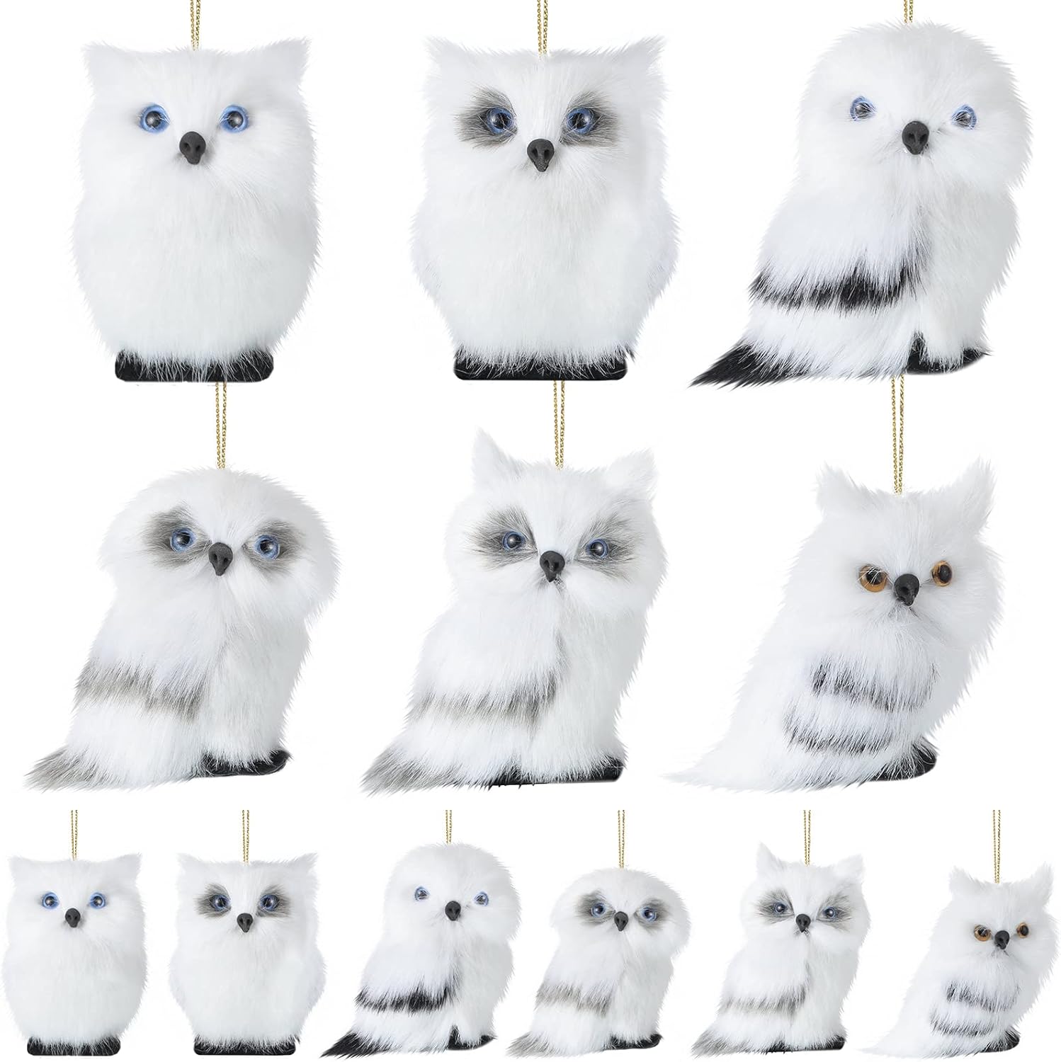 12 Pcs White Faux Fur Owl Christmas Hanging Decorations