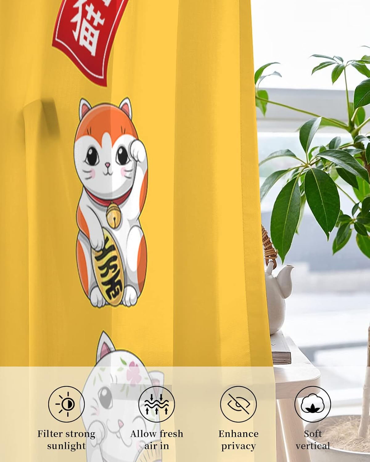 Falaniique Lucky Cats Sheer Curtains 2 Panels Set
