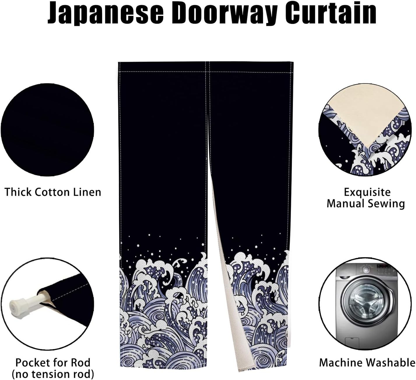 Noren Doorway Curtain with Navy Blue Waves Pattern