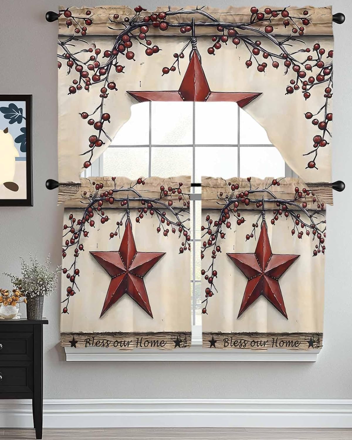 Red Texas Star Rustic Kitchen Curtain Set 3 Piece