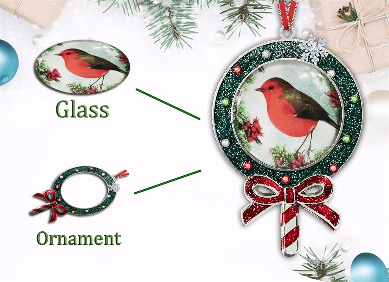 Gixpop Glitter Lollipop Christmas Ornament with Robin Bird