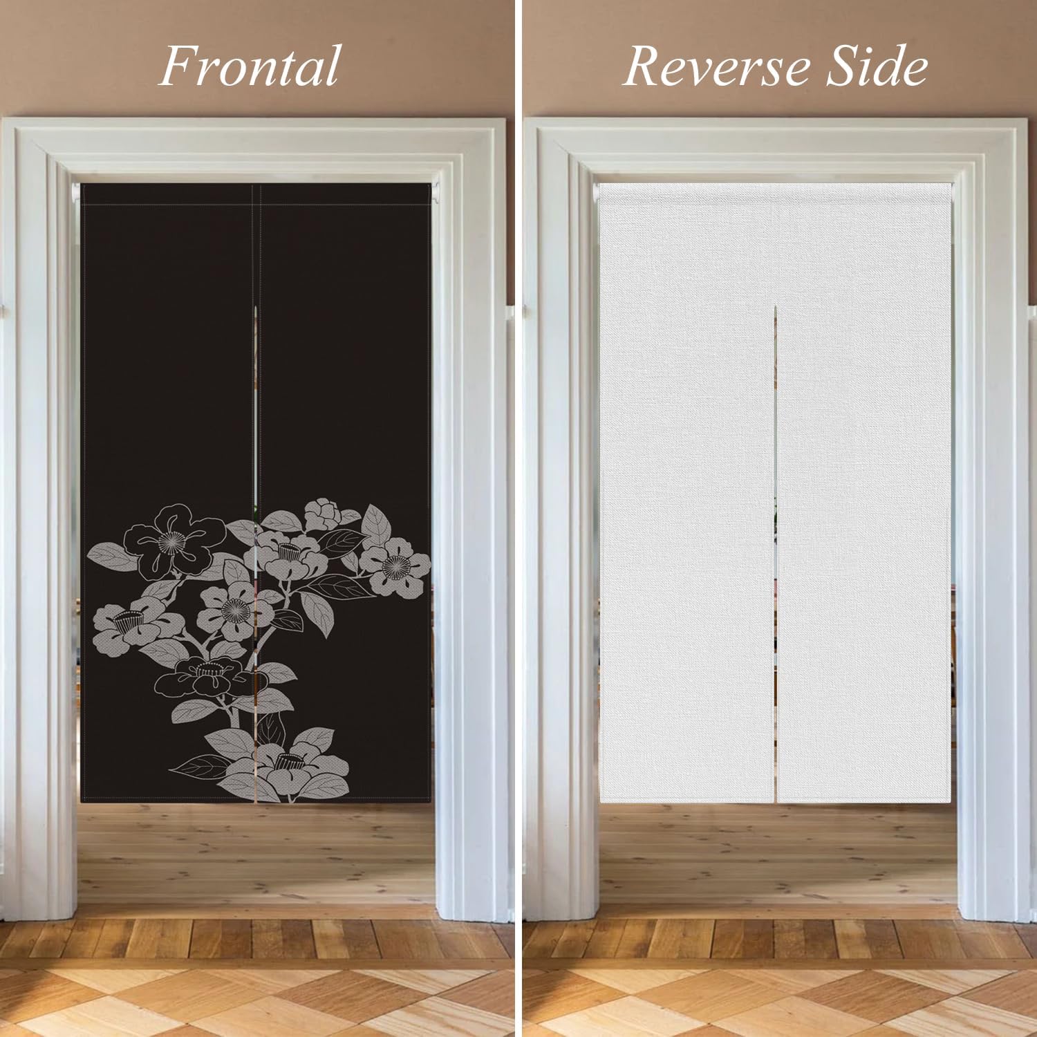 Black Noren Door Curtain with Blooming Flowers Pattern