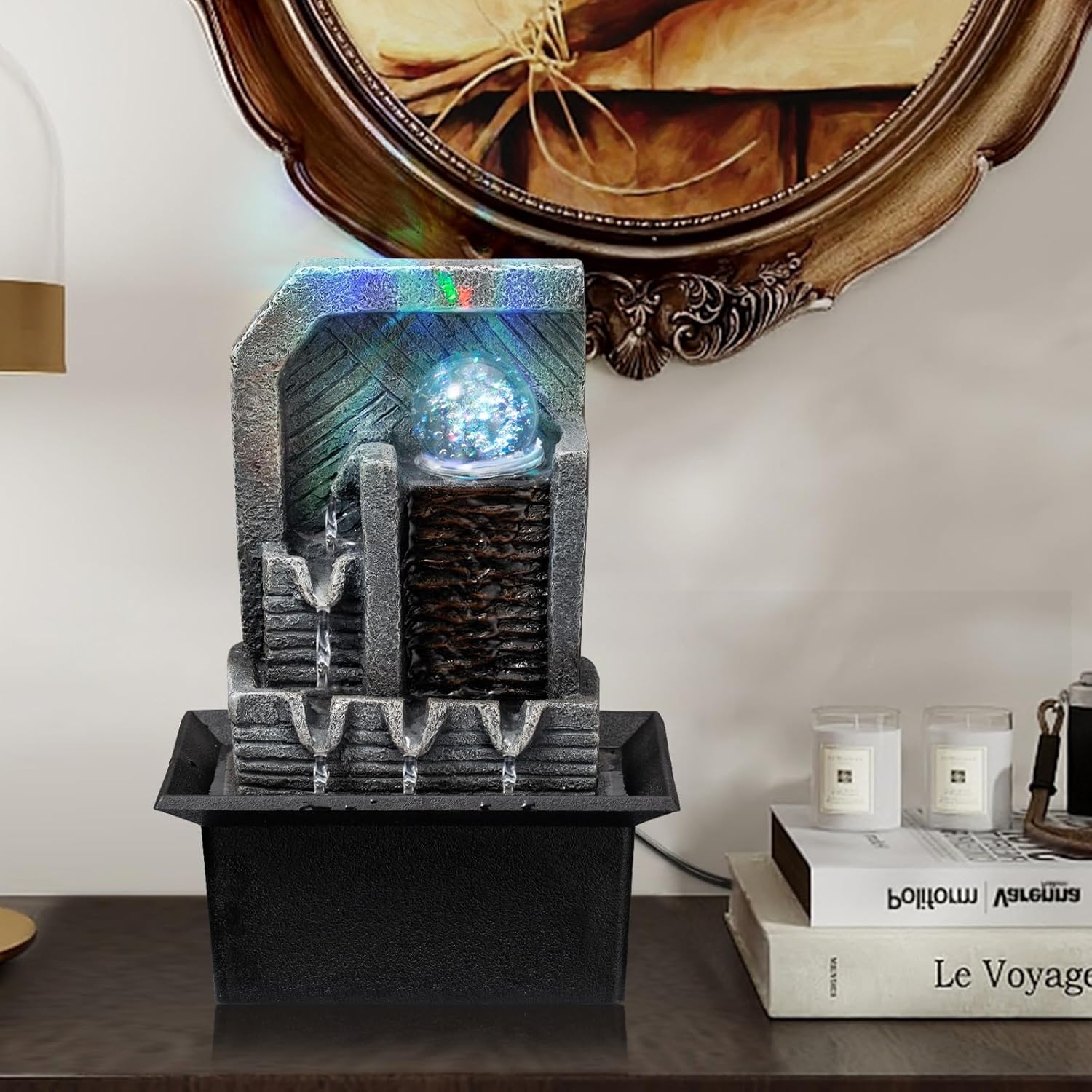 AMOOTEK Tabletop Fountain with LED Lights and Rotating Sphere