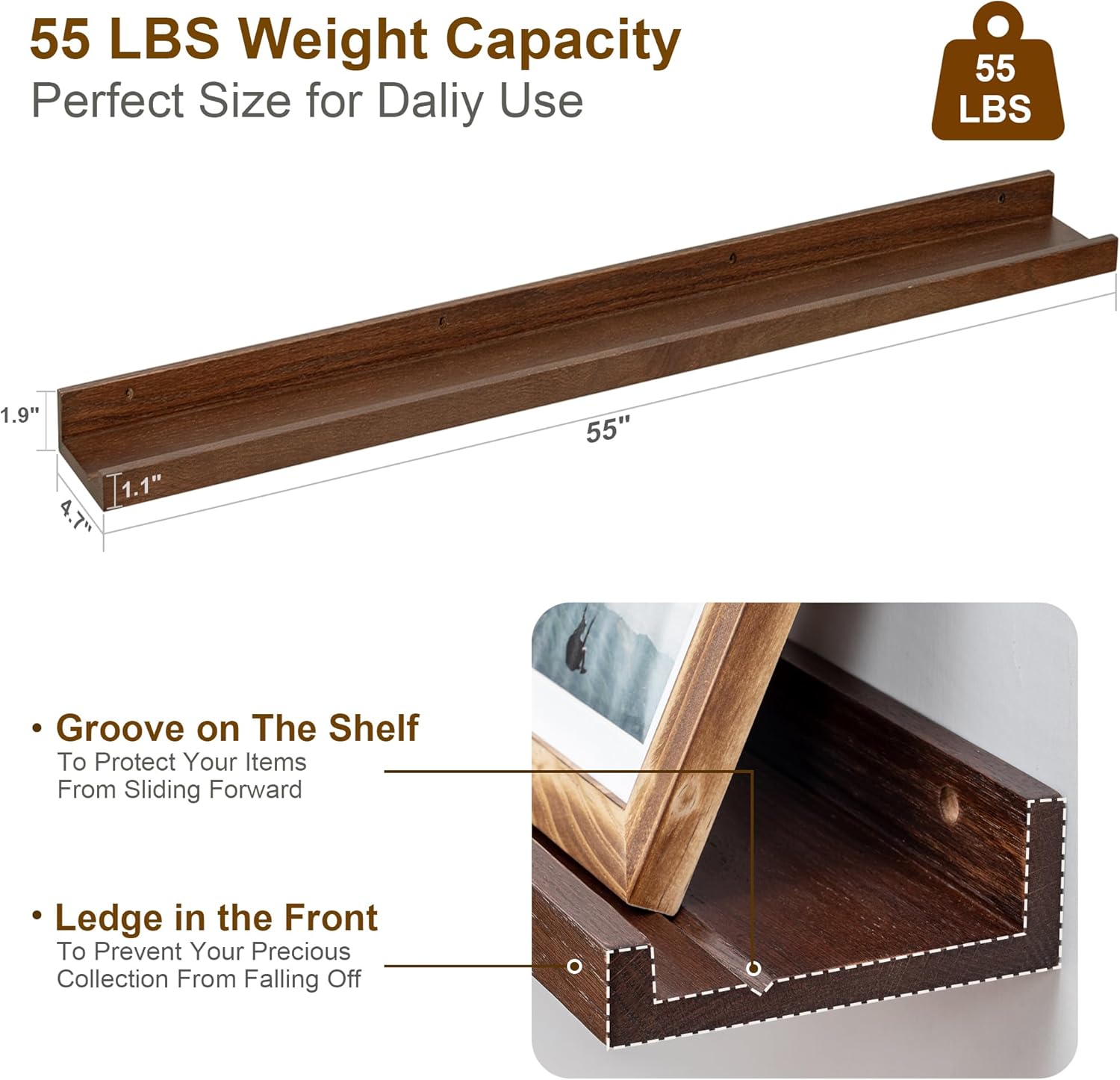 Floating Picture Ledge Shelves Set of 2 55 Inch Solid Oak