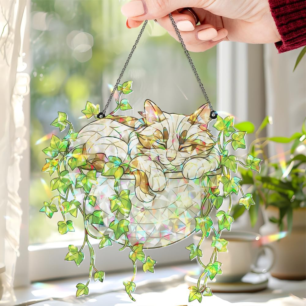 Whimsical Stained Glass Cat Sun Catcher for Home Decor