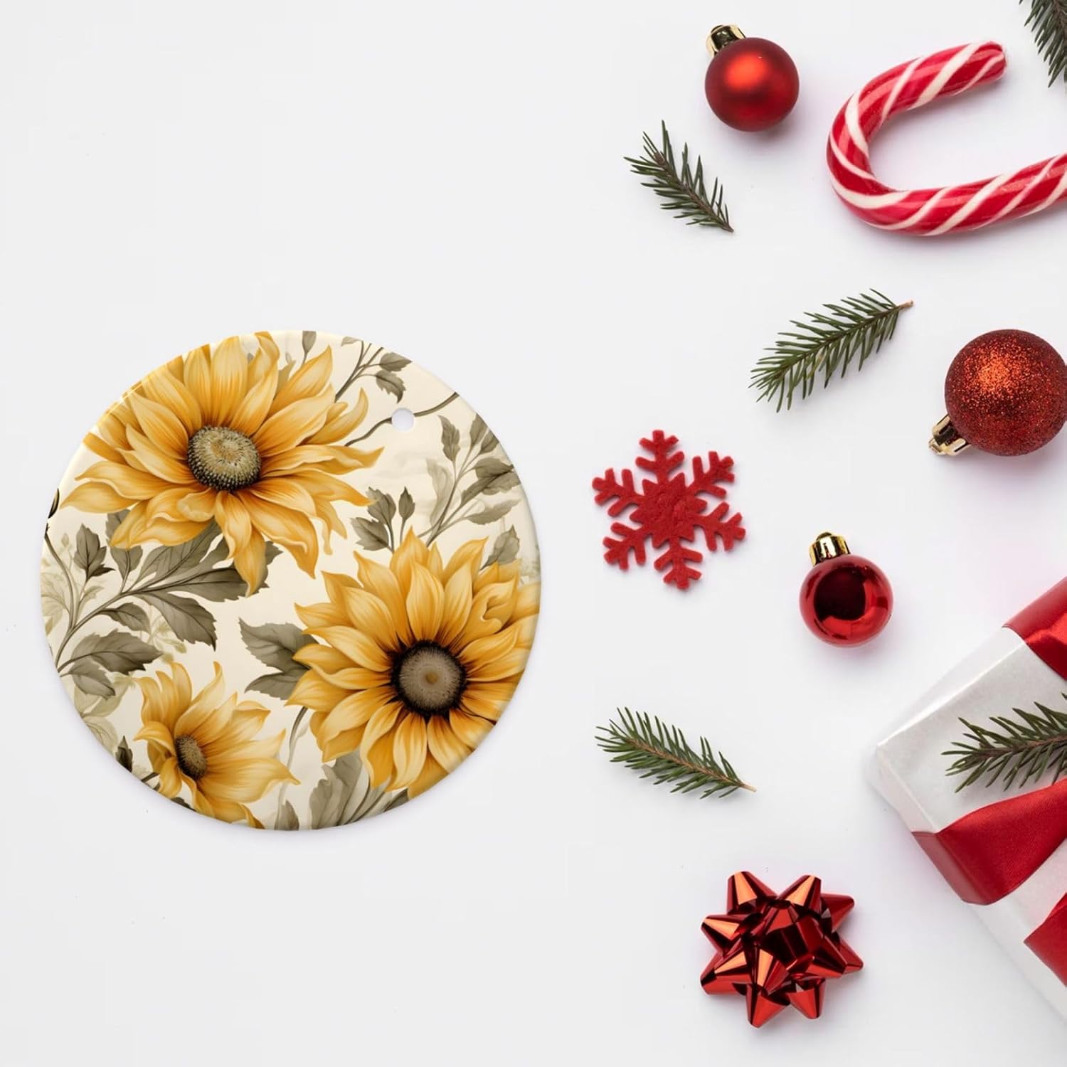 DXTKWL Christmas Ornaments Retro Sunflower Round Ceramic Pendant Decor