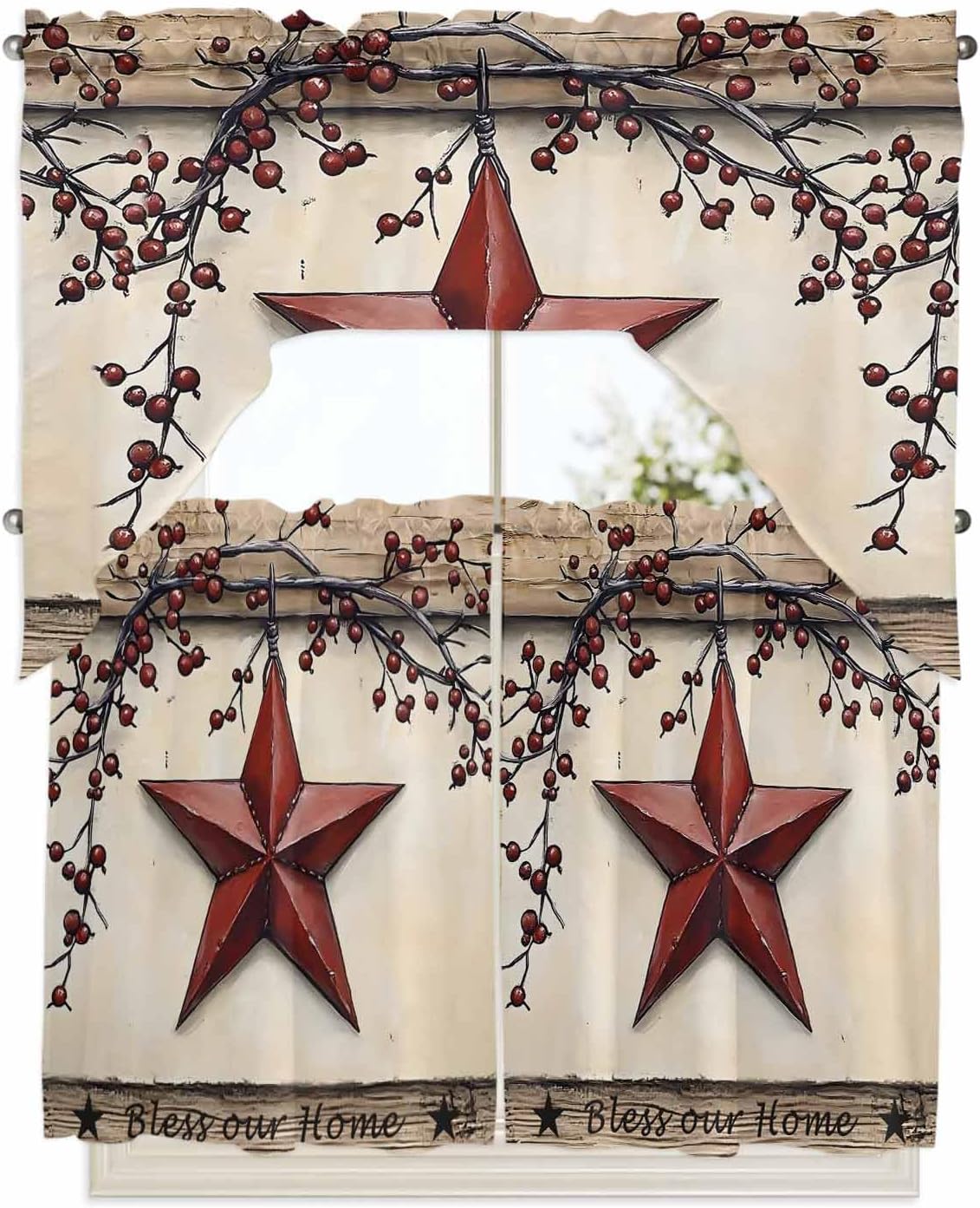 Red Texas Star Rustic Kitchen Curtain Set 3 Piece
