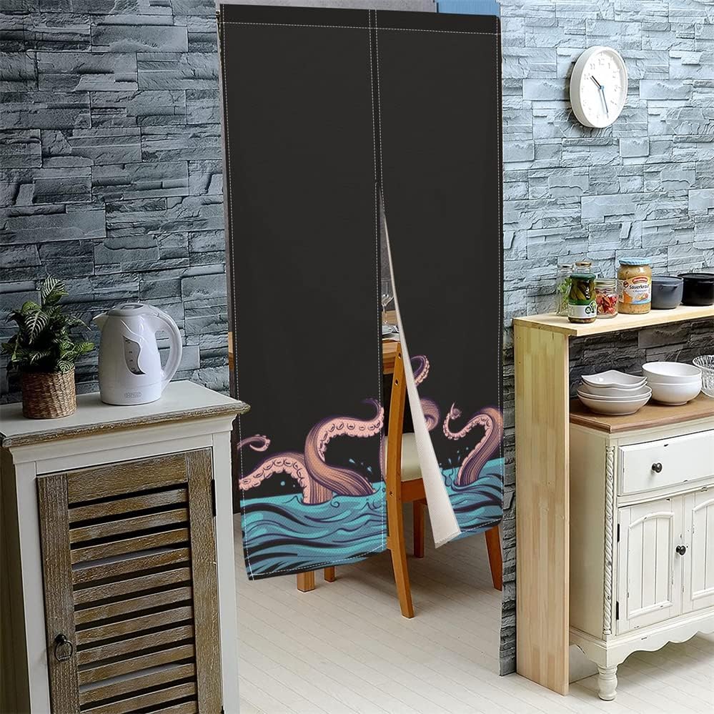 Leowefowa Noren Door Curtain Blue Ocean Octopus Design