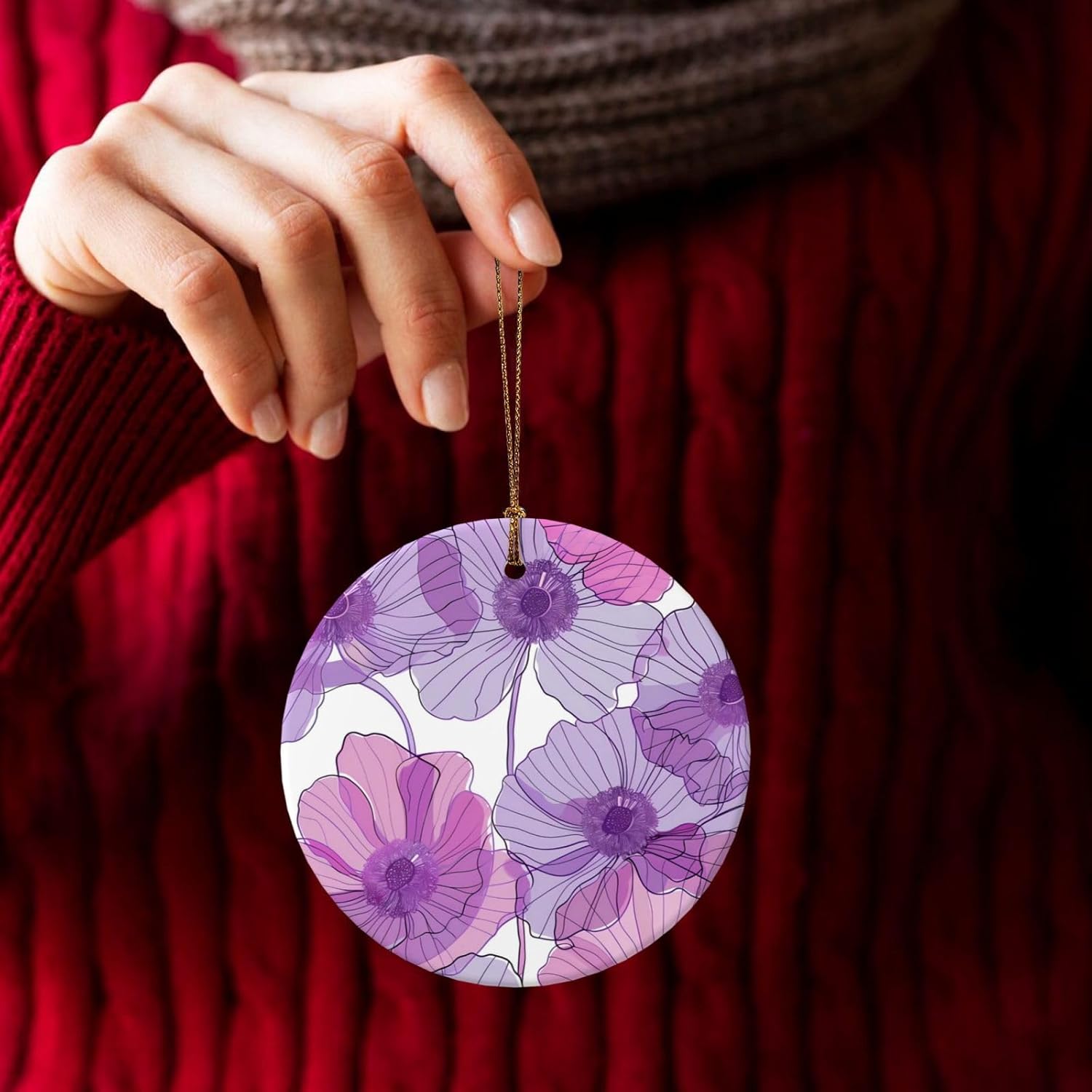 Purple Anemone Ceramic Hanging Christmas Ornaments