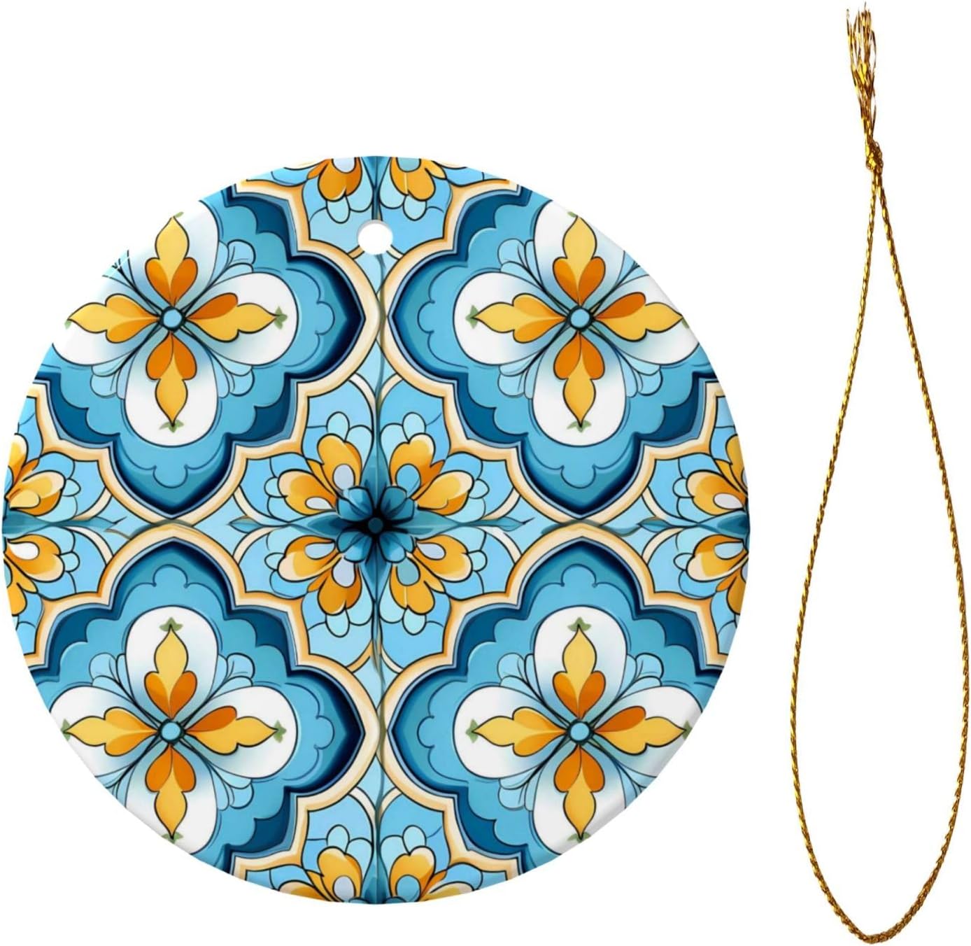 Christmas Ornaments Blue Yellow Quatrefoil Round Ceramic Pendant Decor