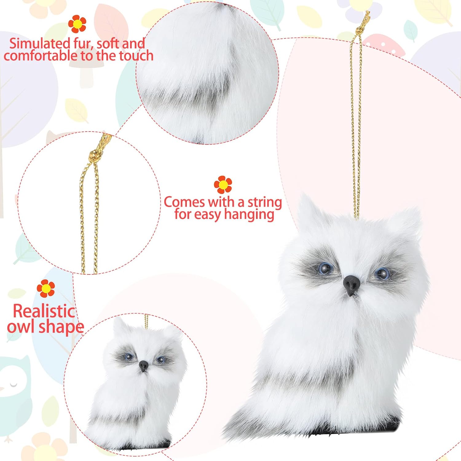 12 Pcs White Faux Fur Owl Christmas Hanging Decorations