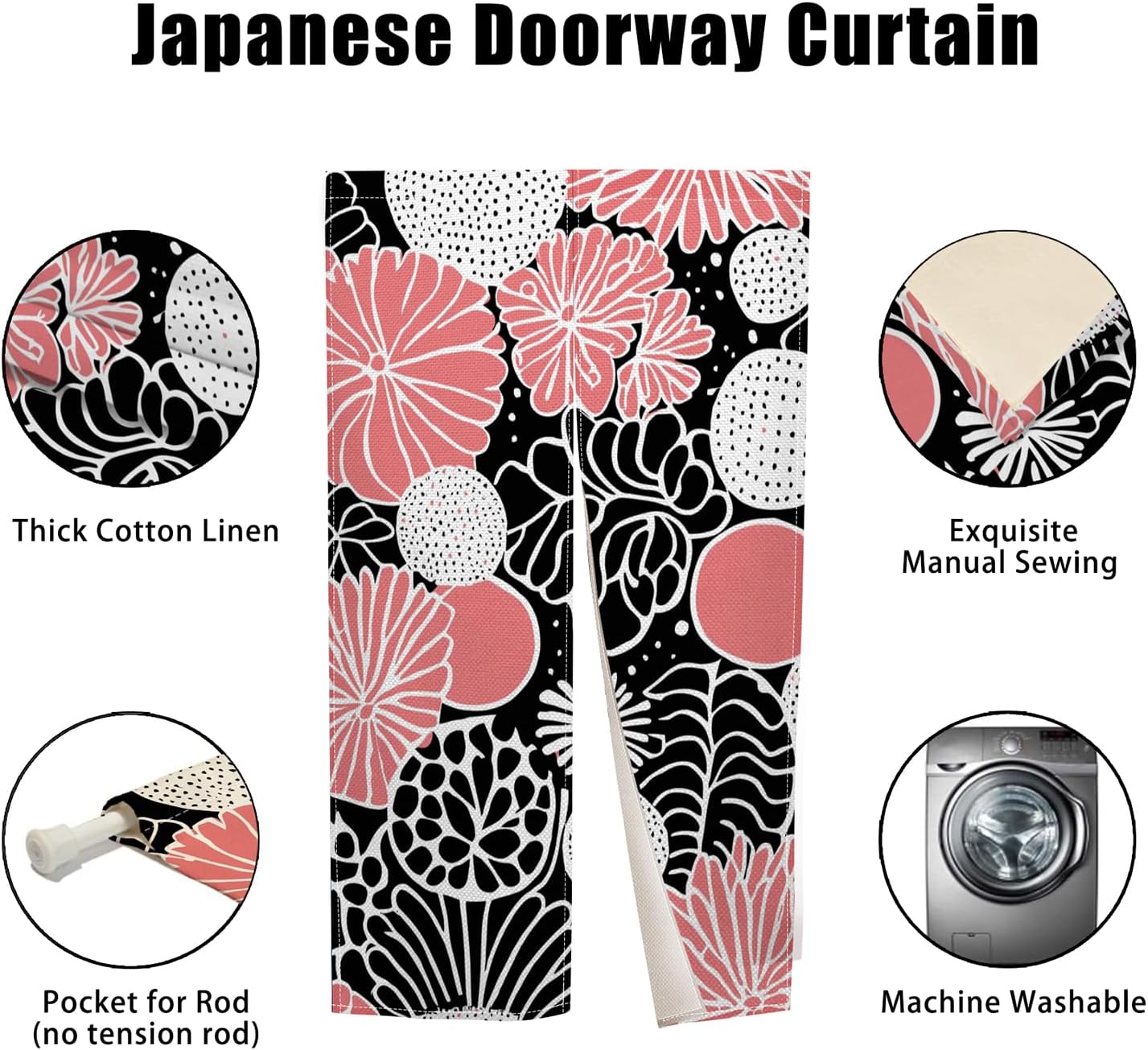 Traditional Japanese Noren Door Curtain Black Pink Flowers 283x472