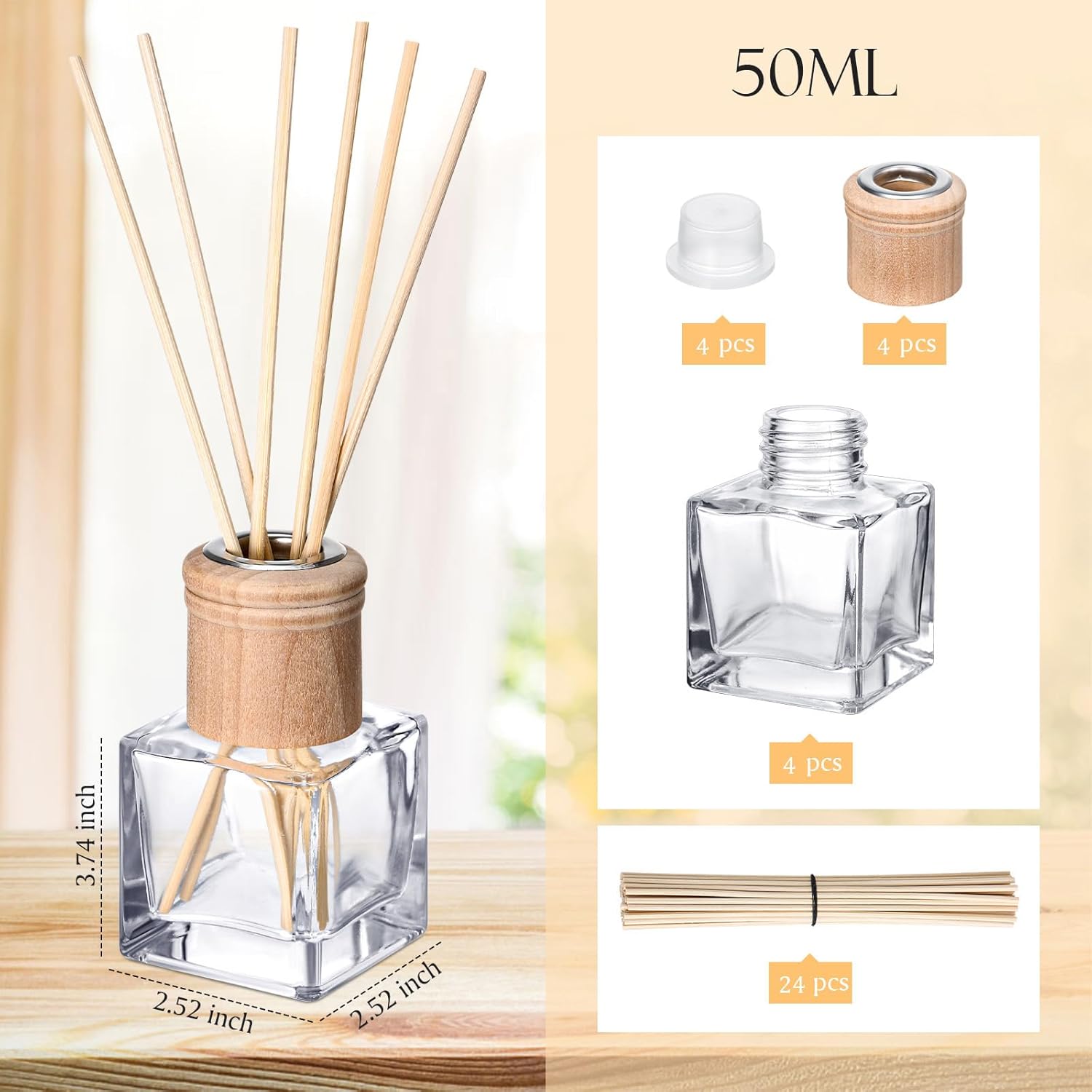 Roshtia 4 Set Glass Diffuser Bottles with Wooden Caps and Rattan Sticks