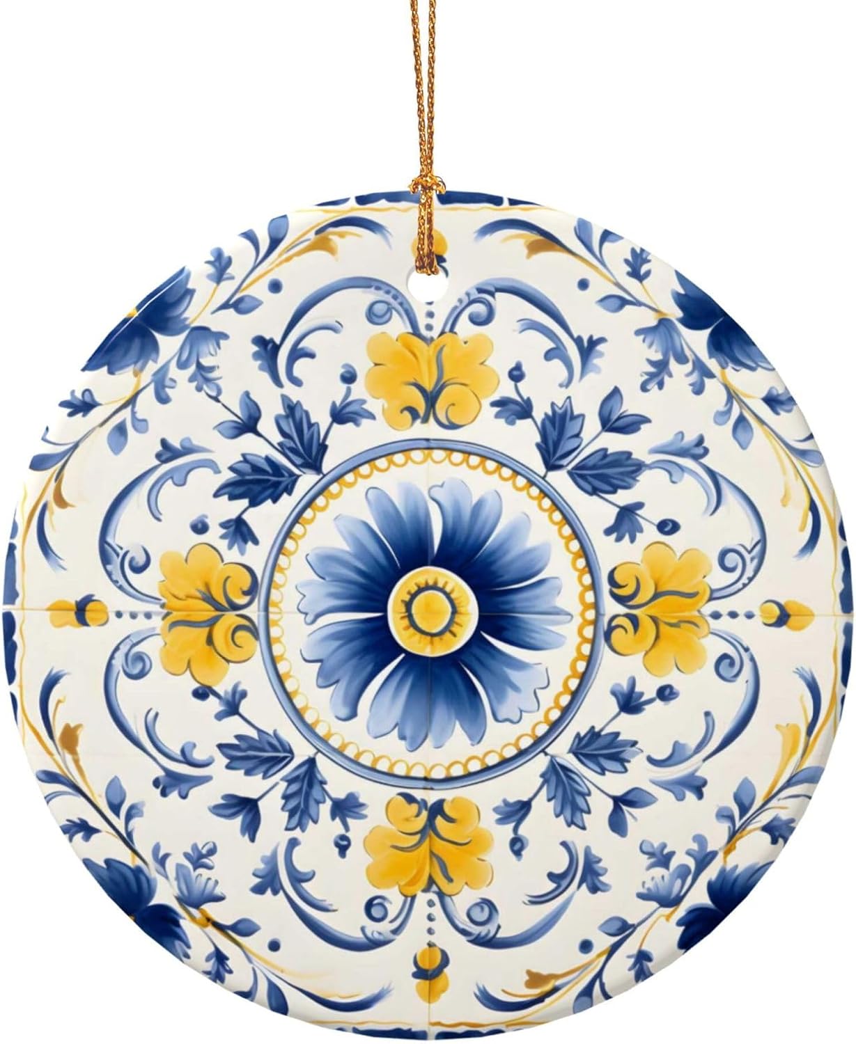 DXTKWL Christmas Ornaments Blue Yellow Ceramic Round Pendant Hanging Decorations