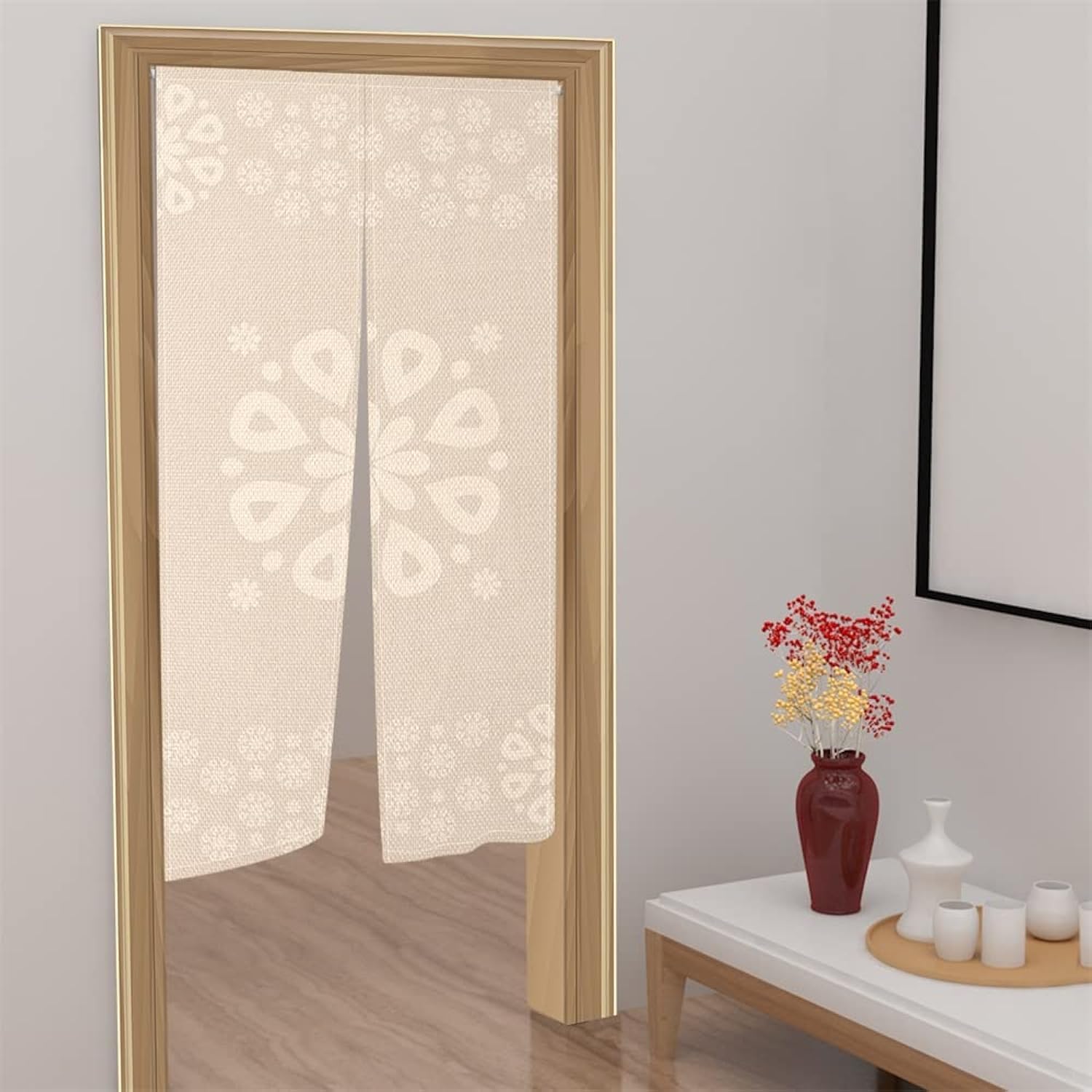 Leowefowa Japanese Noren Curtain Panel Flowers Print Beige 335x709