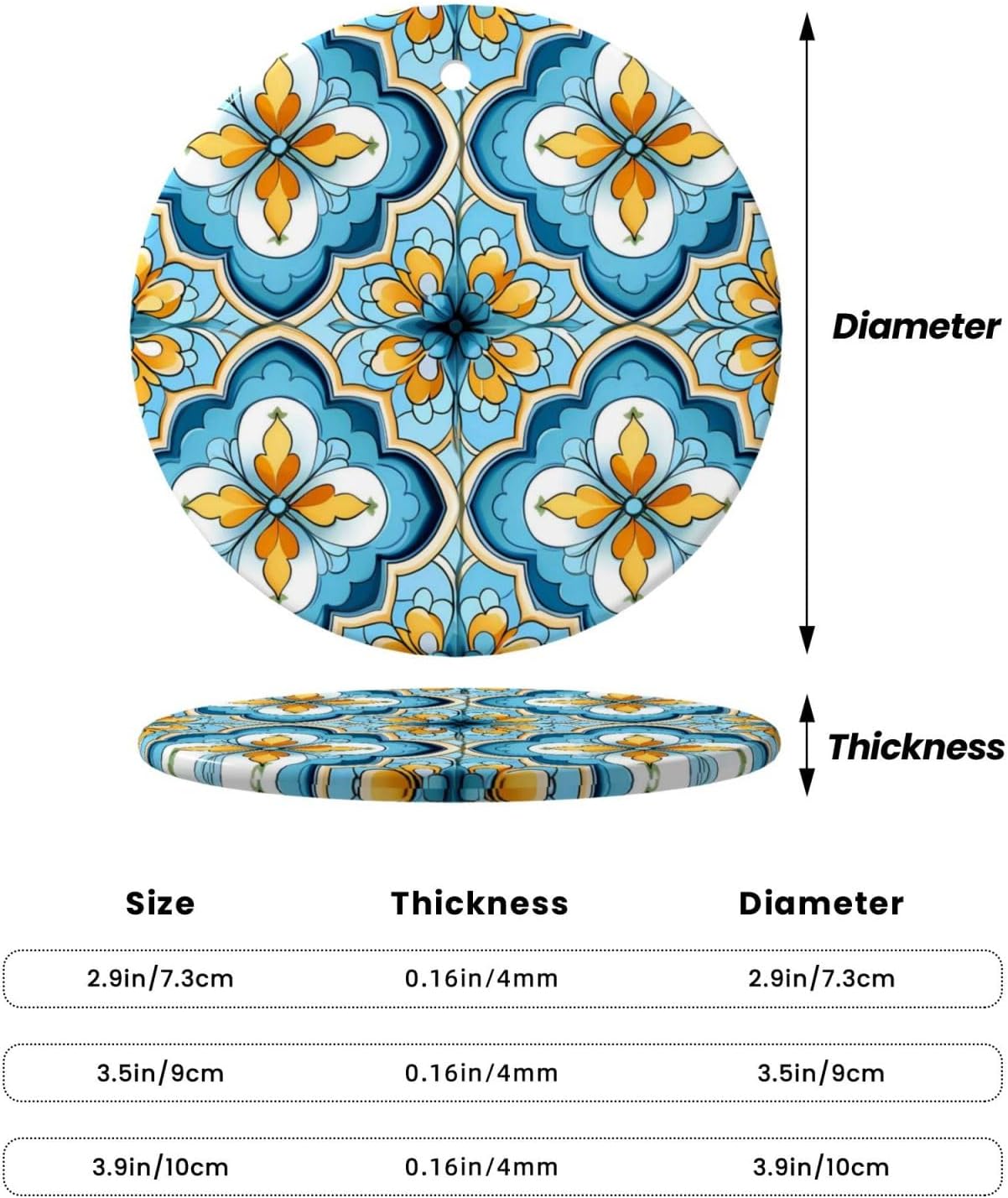 Christmas Ornaments Blue Yellow Quatrefoil Round Ceramic Pendant Decor