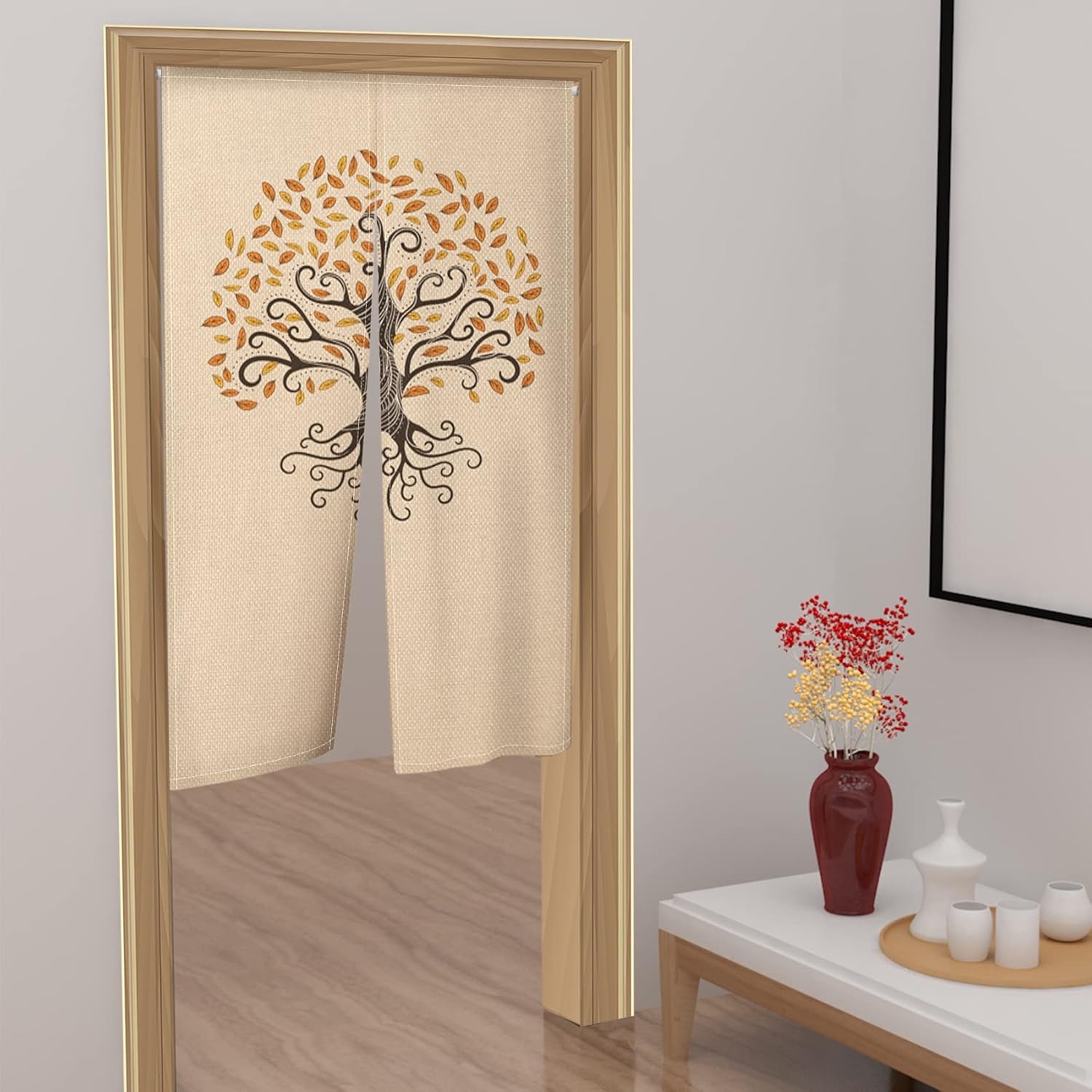 Leowefowa Japanese Noren Curtain Abstract Tree Design
