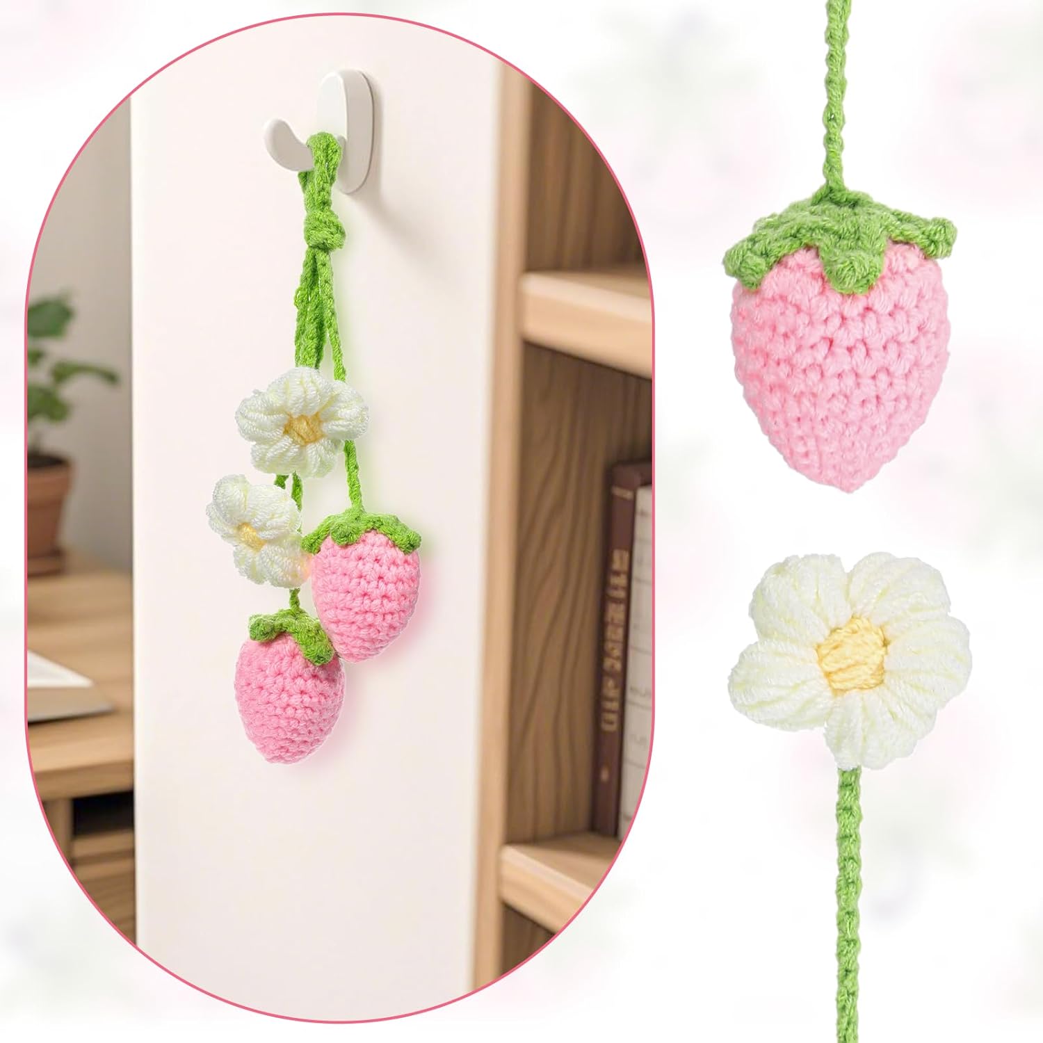 Cute Crochet Strawberry Flower Car Hanging Ornaments 2 Pcs
