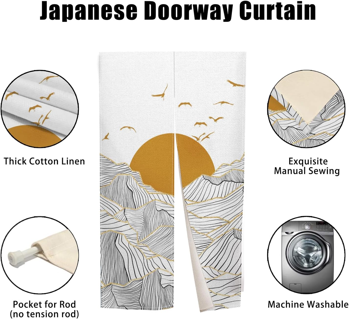 Traditional Japanese Noren Door Curtain with Sunset Mountain Print
