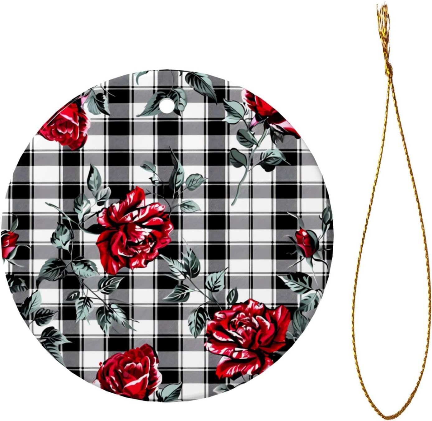 Christmas Ornaments Retro Rose Black Plaid Ceramic Pendant