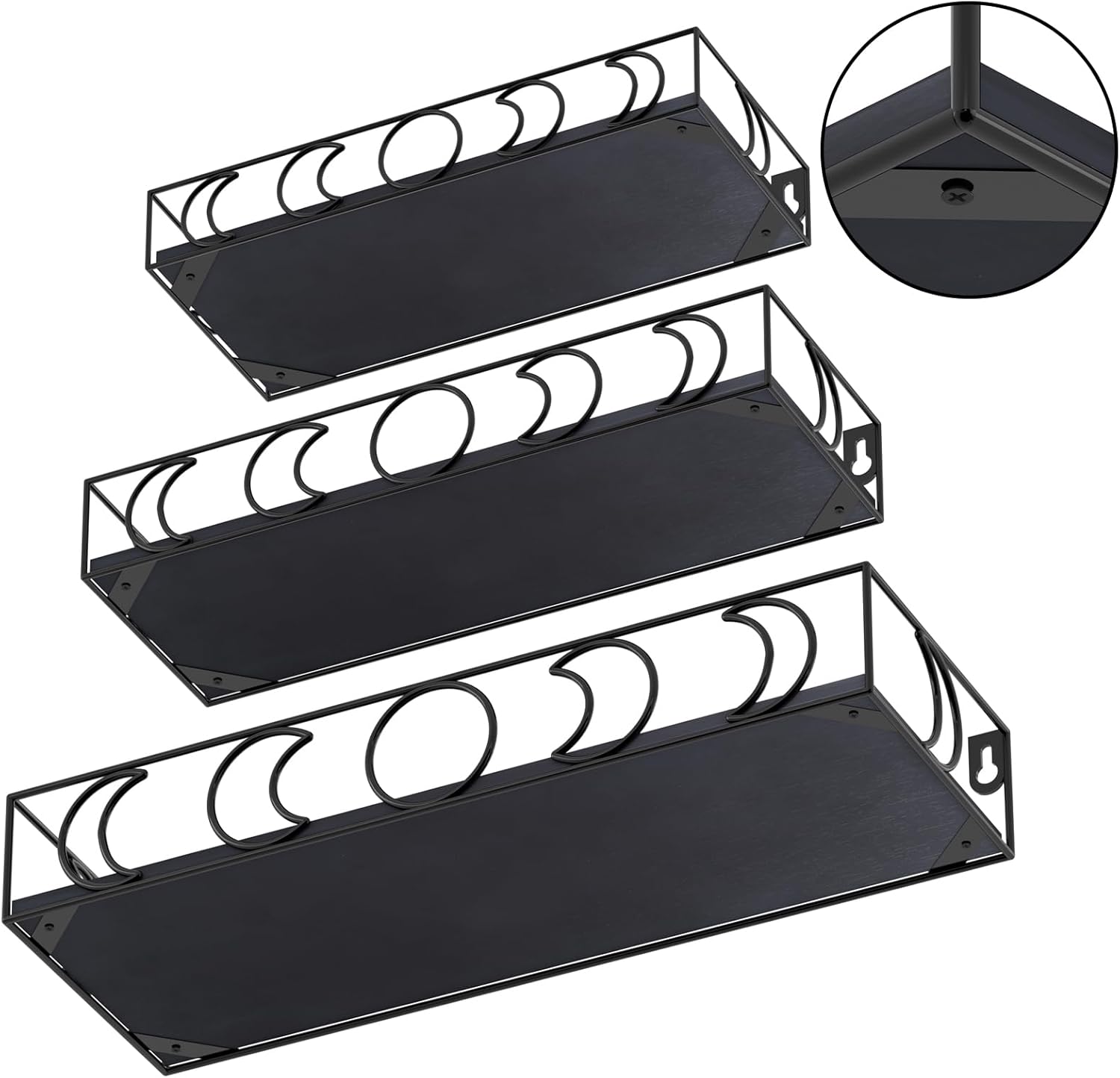 Moon Phase Wall Shelves Black 3 Pack Floating Book Shelves