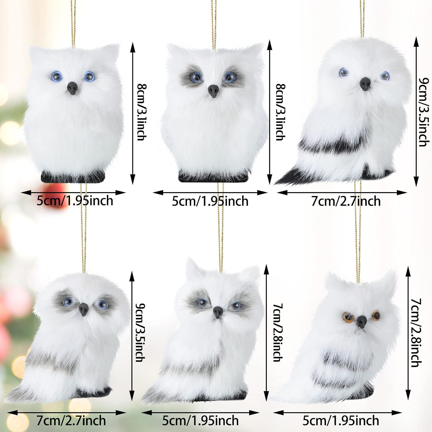12 Pcs White Faux Fur Owl Christmas Hanging Decorations