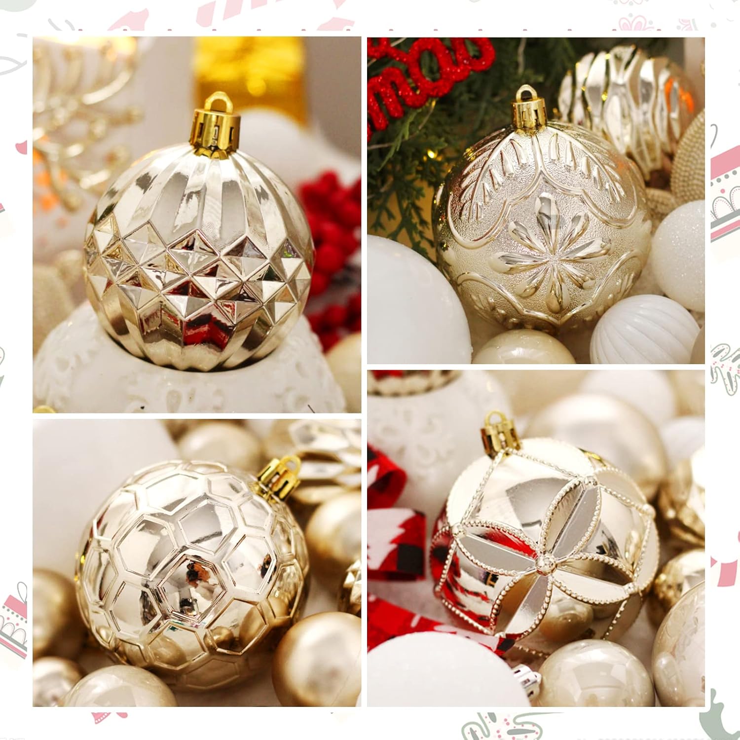 Christmas Tree Ornaments Set 50ct Shatterproof Champagne and White Balls