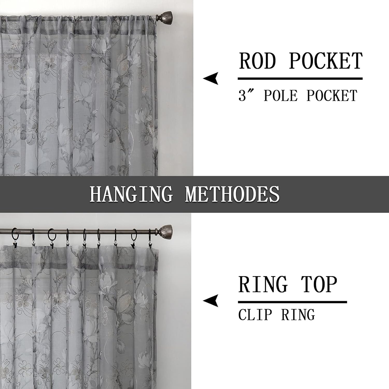 Tollpiz Floral Grey Sheer Curtains with Vine Embroidery