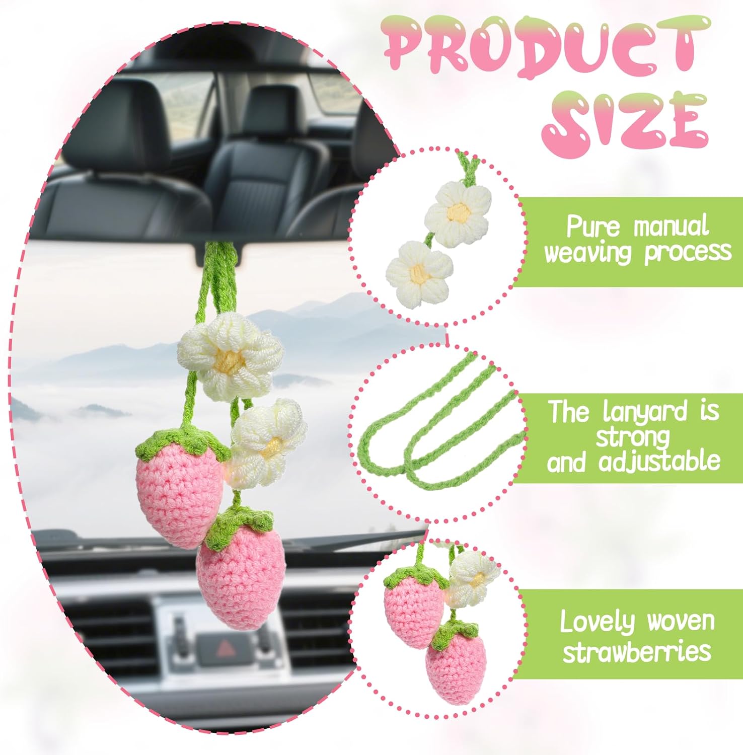 Cute Crochet Strawberry Flower Car Hanging Ornaments 2 Pcs