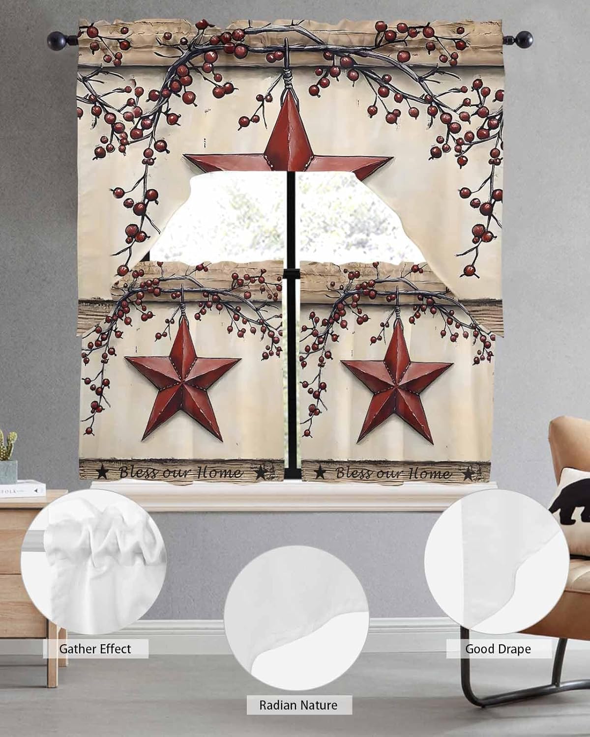 Red Texas Star Rustic Kitchen Curtain Set 3 Piece