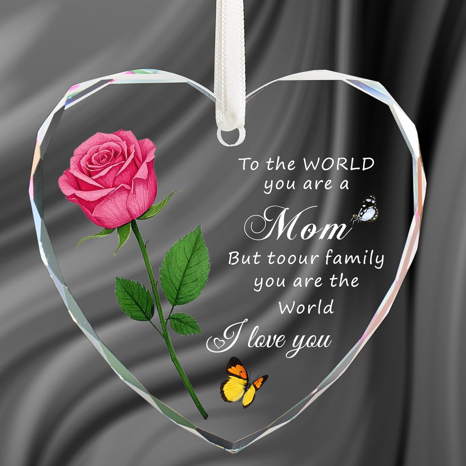 Heart Shaped Glass Christmas Ornament for Mom Pink Rose Design