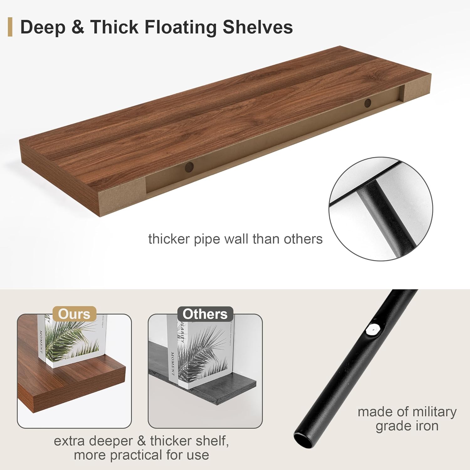12 Inch Deep Walnut Floating Shelves Set of 1