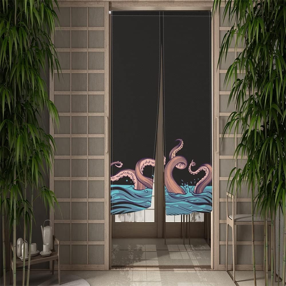 Leowefowa Noren Door Curtain Blue Ocean Octopus Design