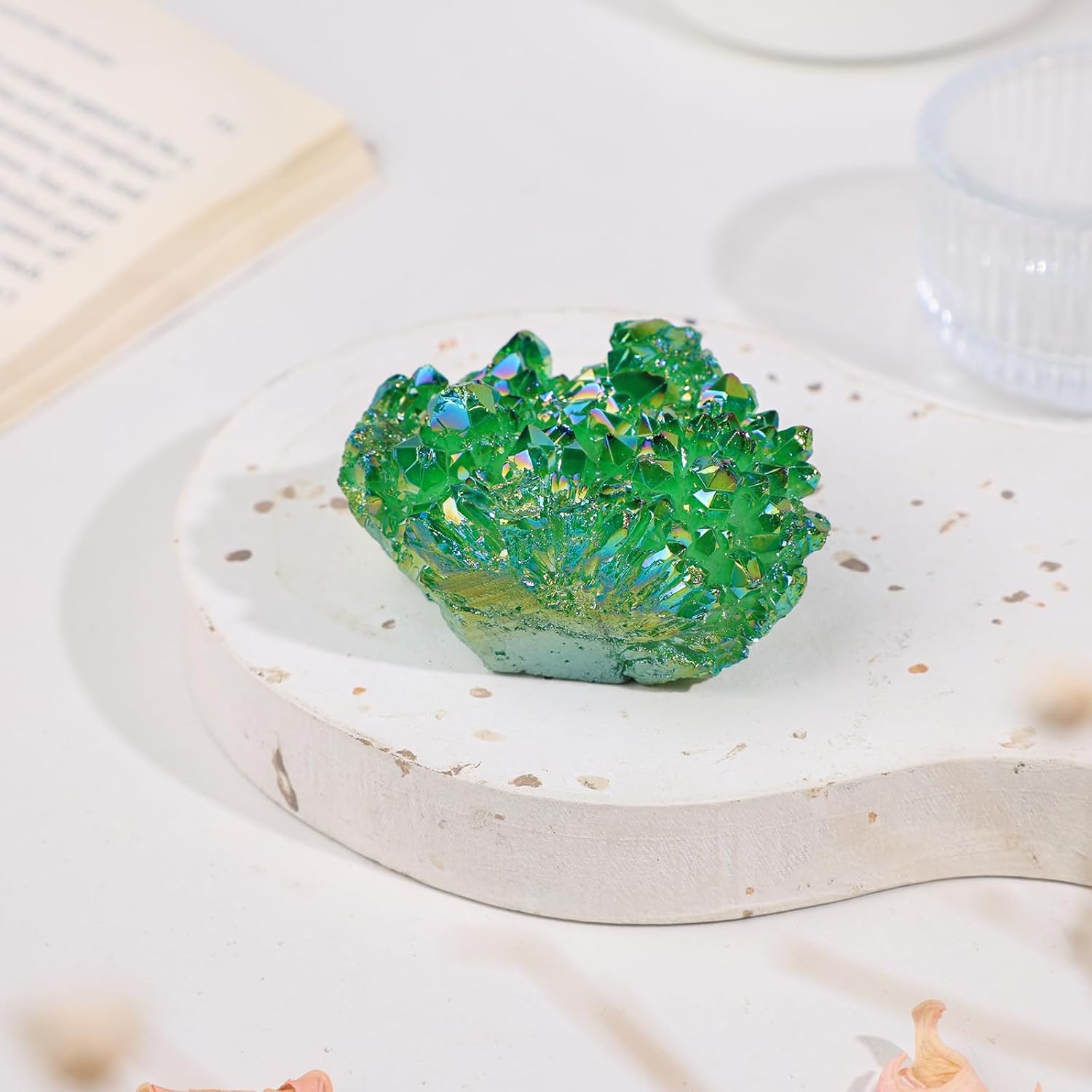 SUNYIK Green Titanium Coated Crystal Cluster Figurine