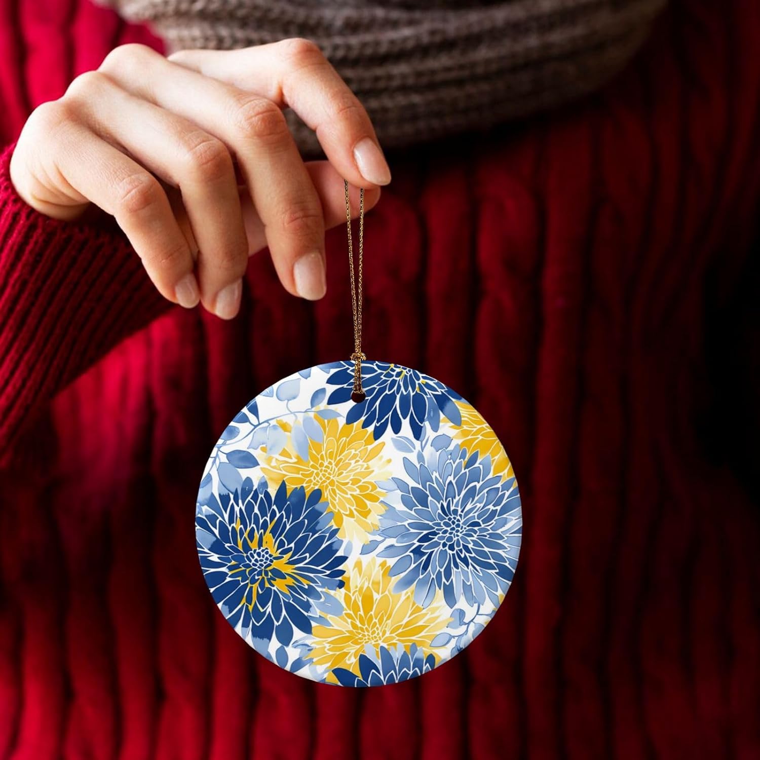 Blue Yellow Chrysanthemum Ceramic Pendant Hanging Ornament for Christmas Tree