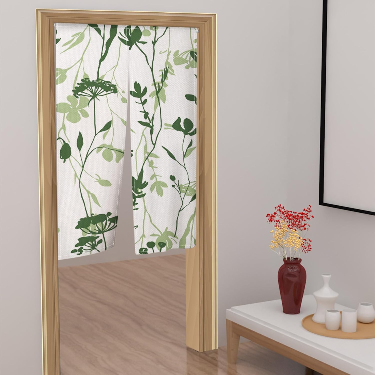 Japanese Style Door Curtain with Green Plants Print