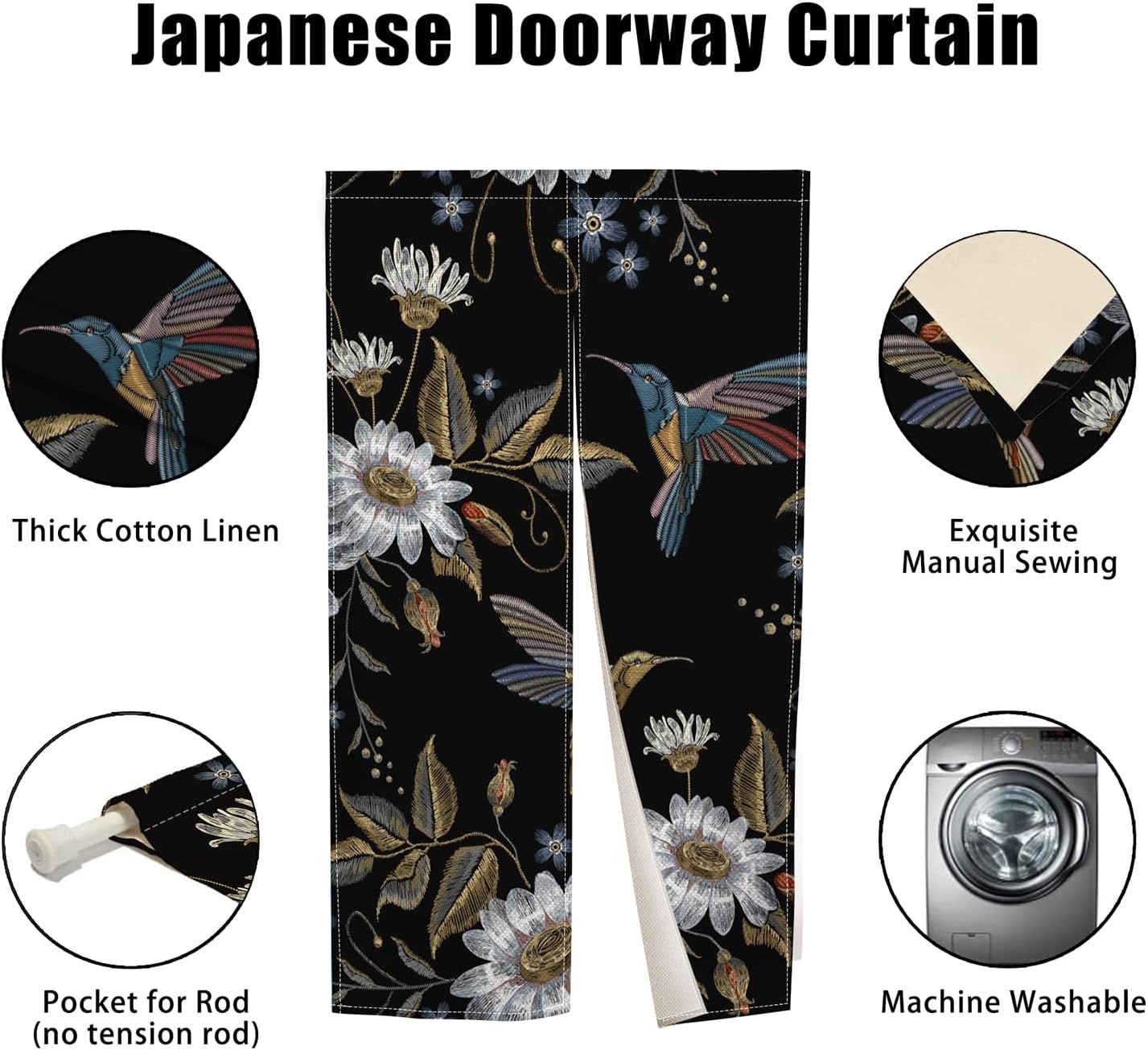 Japanese Noren Door Curtain with Blooming Flowers and Birds Pattern