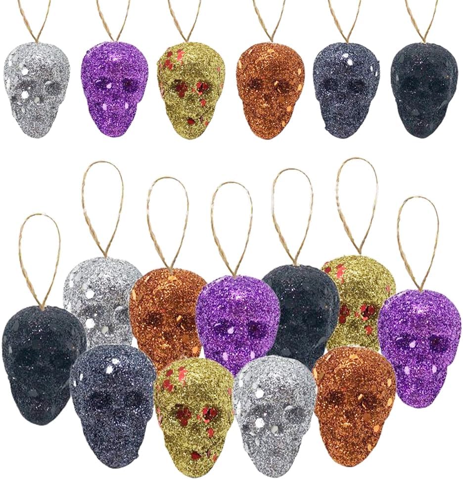 Halloween Glitter Skull Hanging Ornaments 24 Pack
