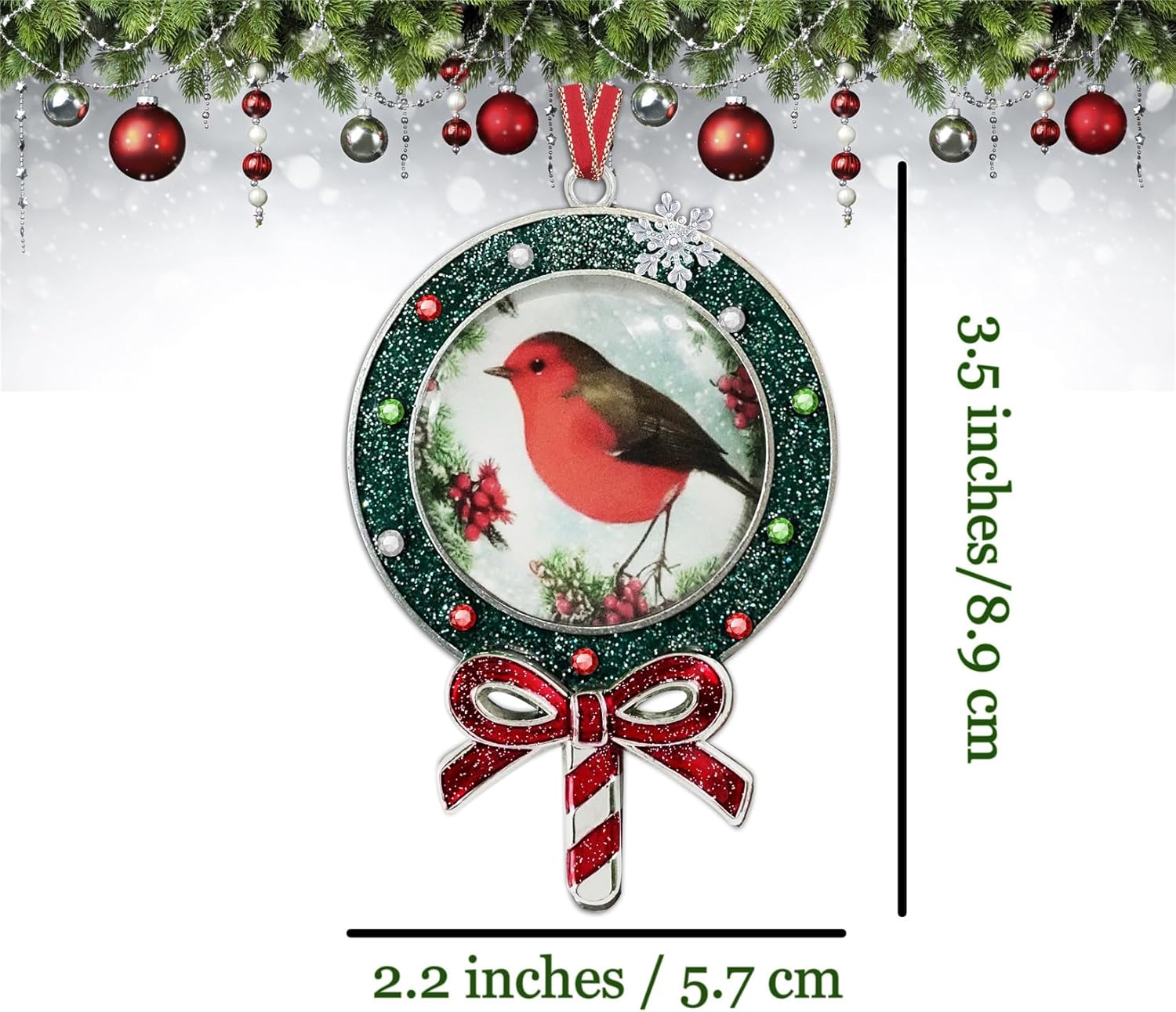 Gixpop Glitter Lollipop Christmas Ornament with Robin Bird