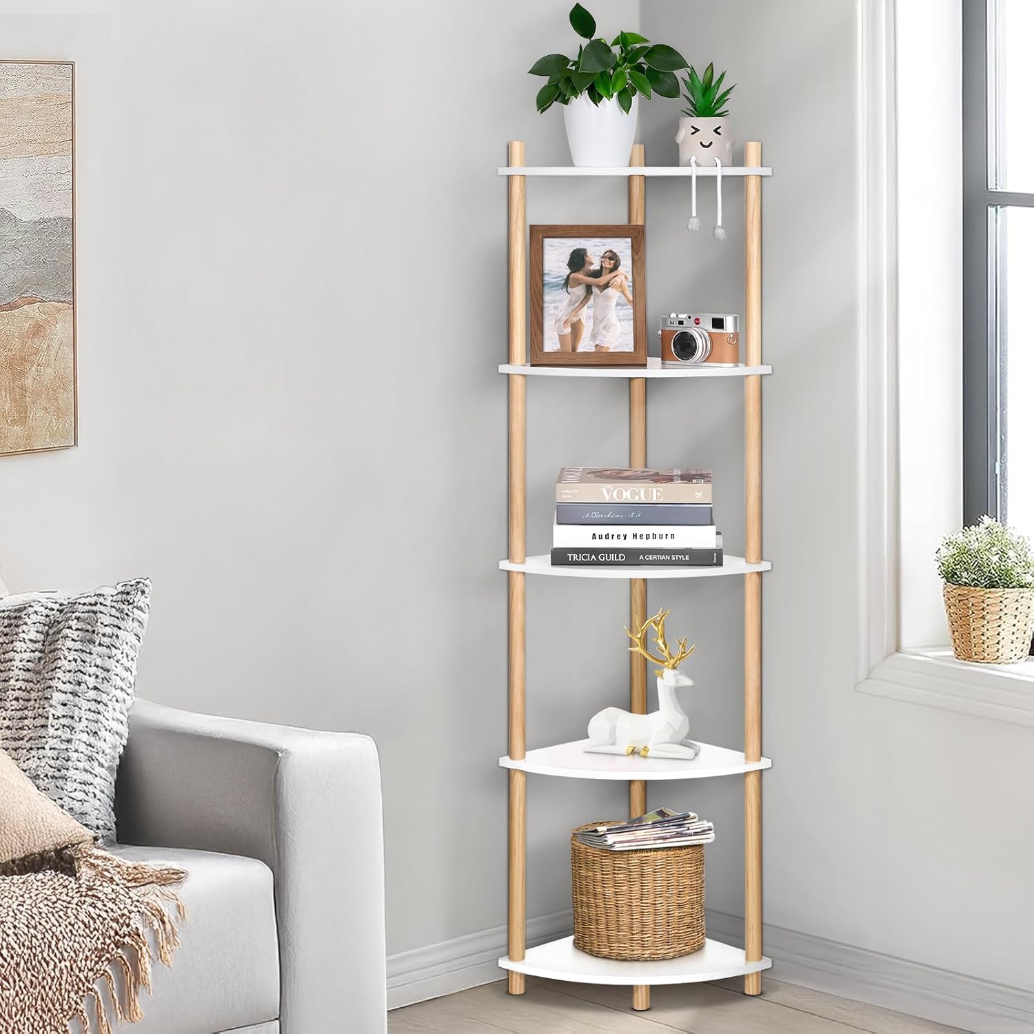 YGYQZ 5 Tier Corner Bookshelf Stand - Narrow Stable Rustic Style