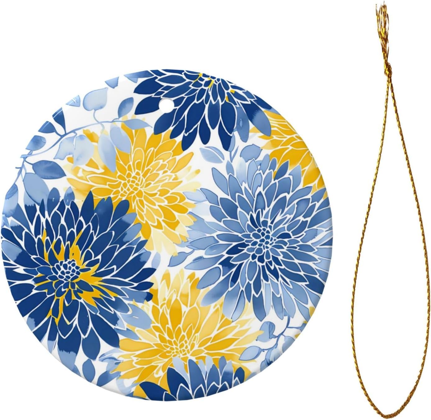Blue Yellow Chrysanthemum Ceramic Pendant Hanging Ornament for Christmas Tree