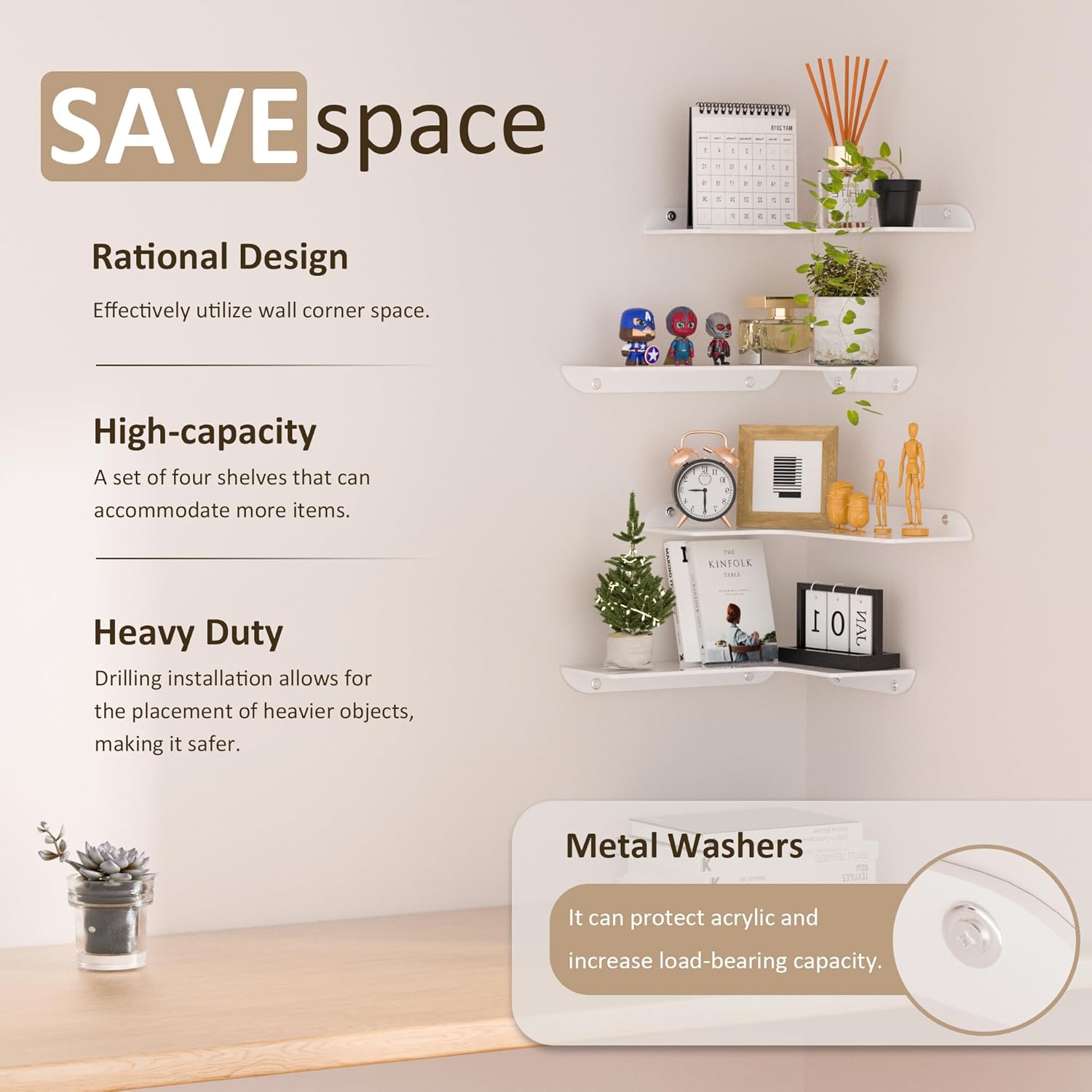8x118 Inch White Acrylic Corner Shelf Set of 4