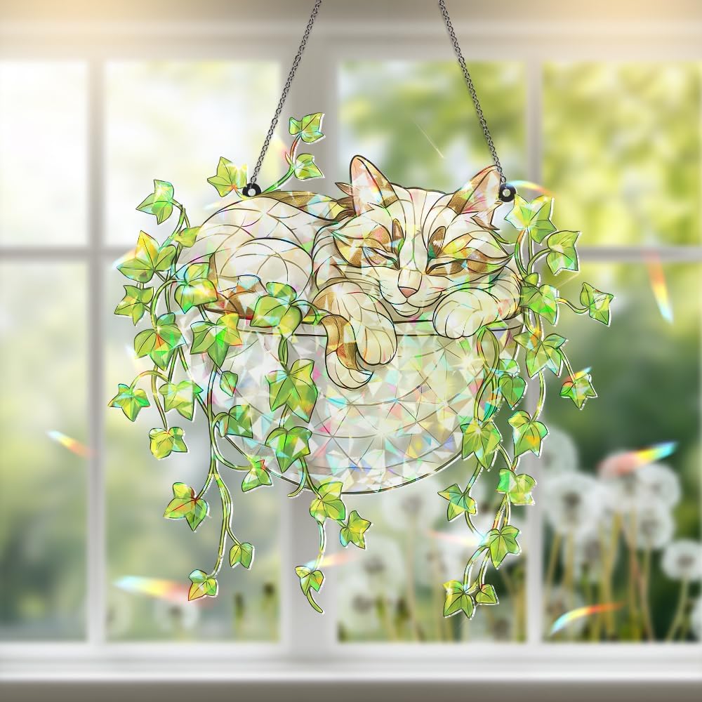 Whimsical Stained Glass Cat Sun Catcher for Home Decor