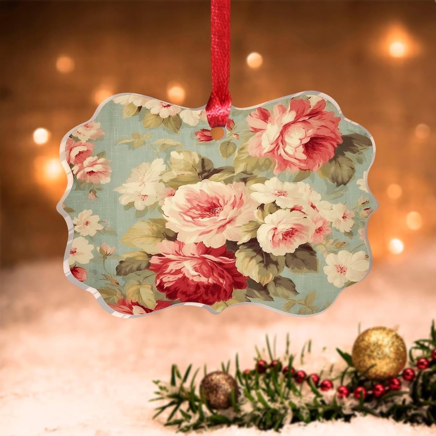 Clear Acrylic Christmas Ornament with Red Pink Roses