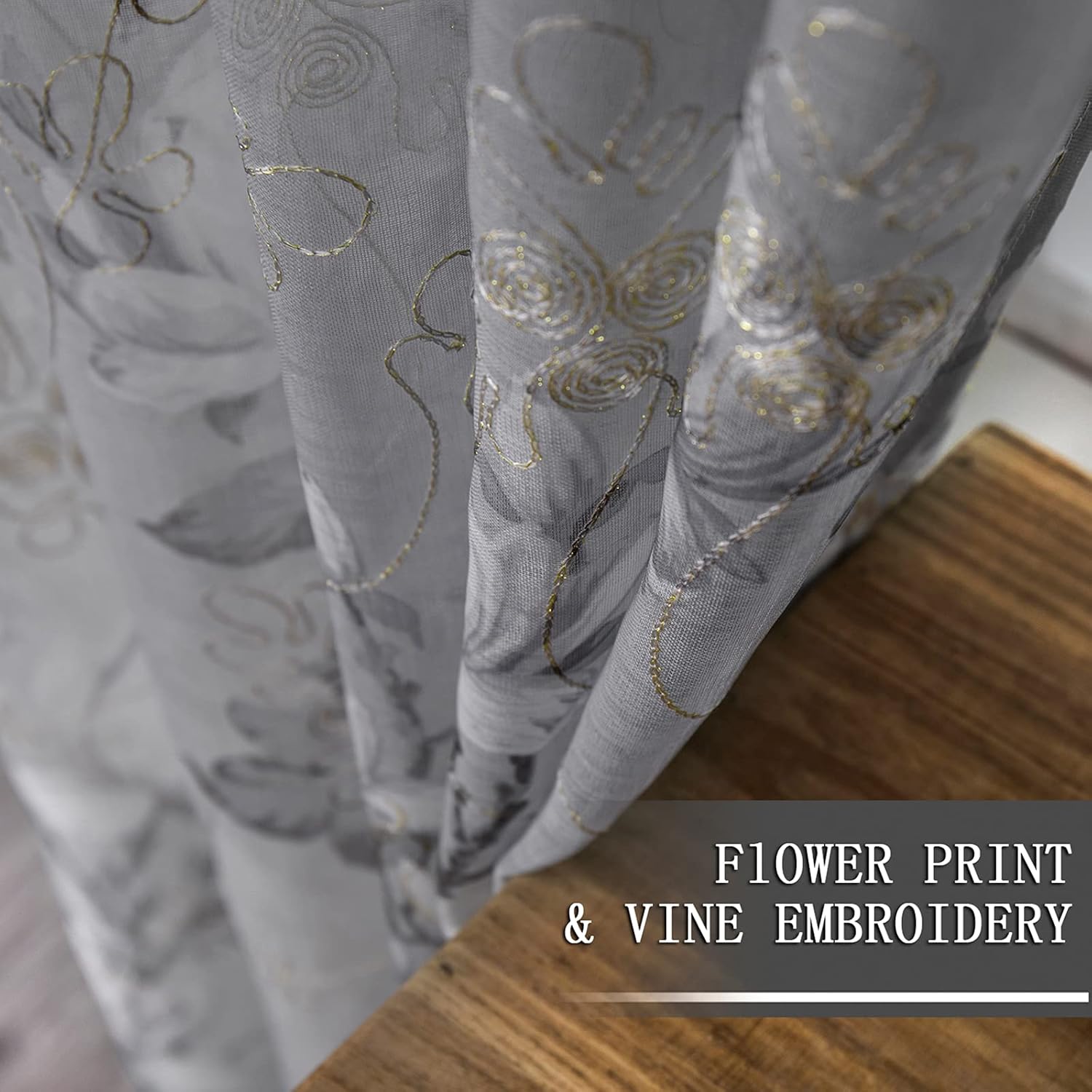 Tollpiz Floral Grey Sheer Curtains with Vine Embroidery