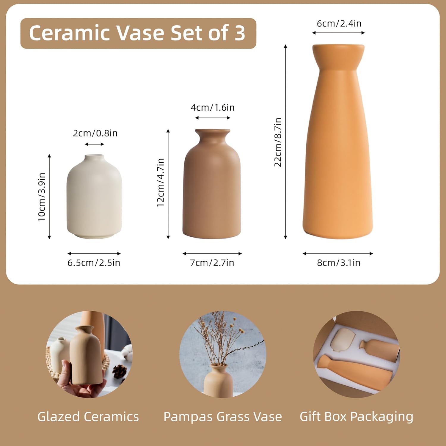 Ceramic Vase Set of 3 Modern Boho Farmhouse Decor