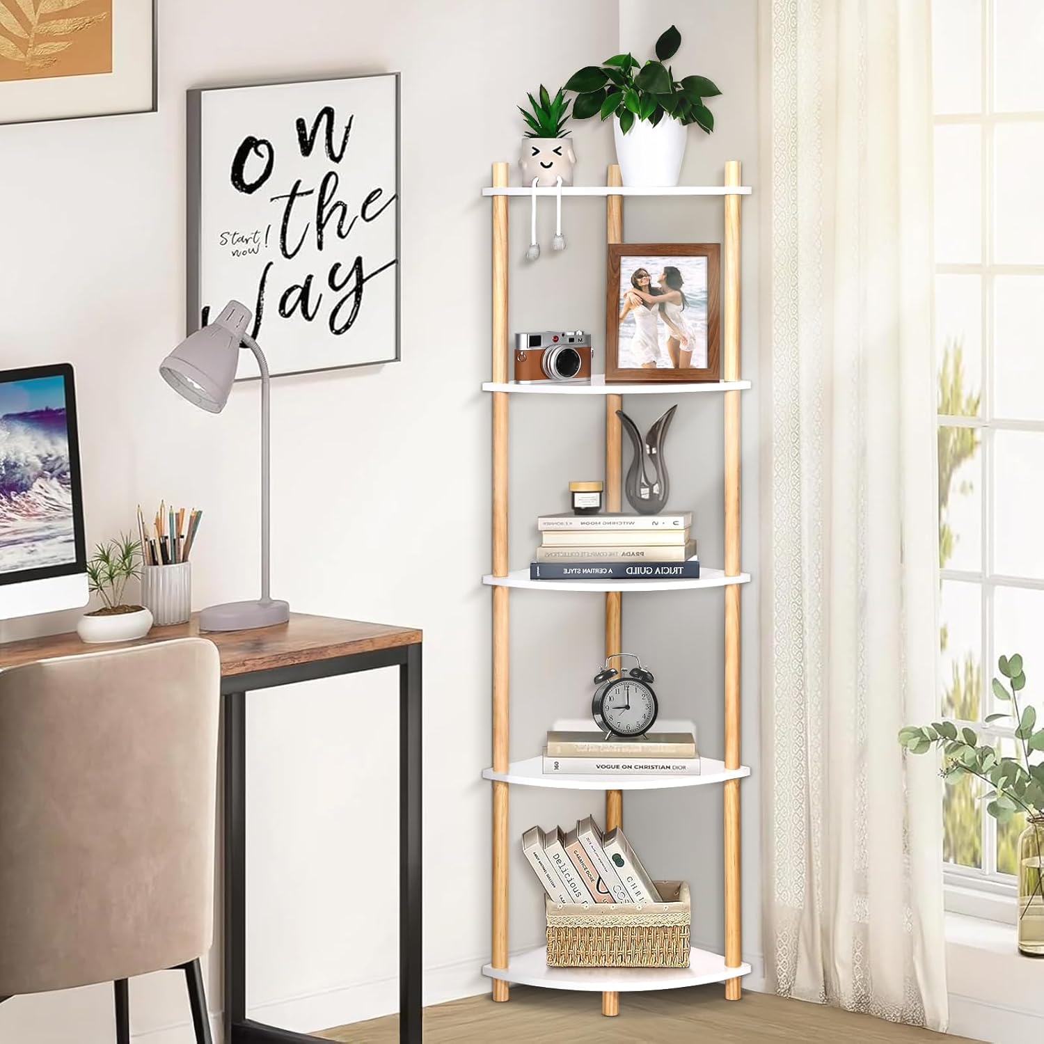 YGYQZ 5 Tier Corner Bookshelf Stand - Narrow Stable Rustic Style